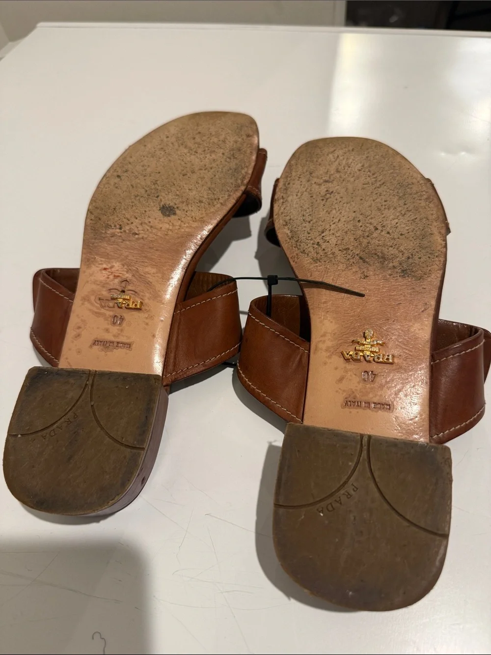 PRADA Tan Brown Leather Double-Strap Slide Sandals - Picture 8 of 14